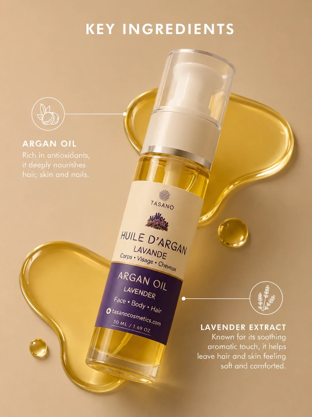 Key ingredients image of TASANO Lavender Argan Oil showing argan oil and lavender in a modern explanatory product design