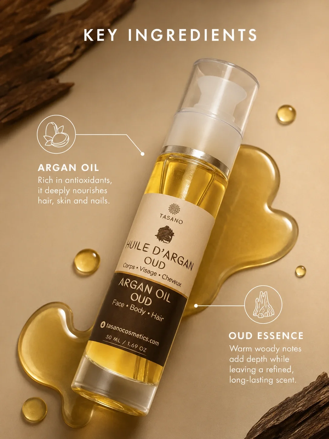 TASANO Oud Argan Oil key ingredients image featuring the original bottle with Moroccan argan oil and oud essence in a modern luxury design.