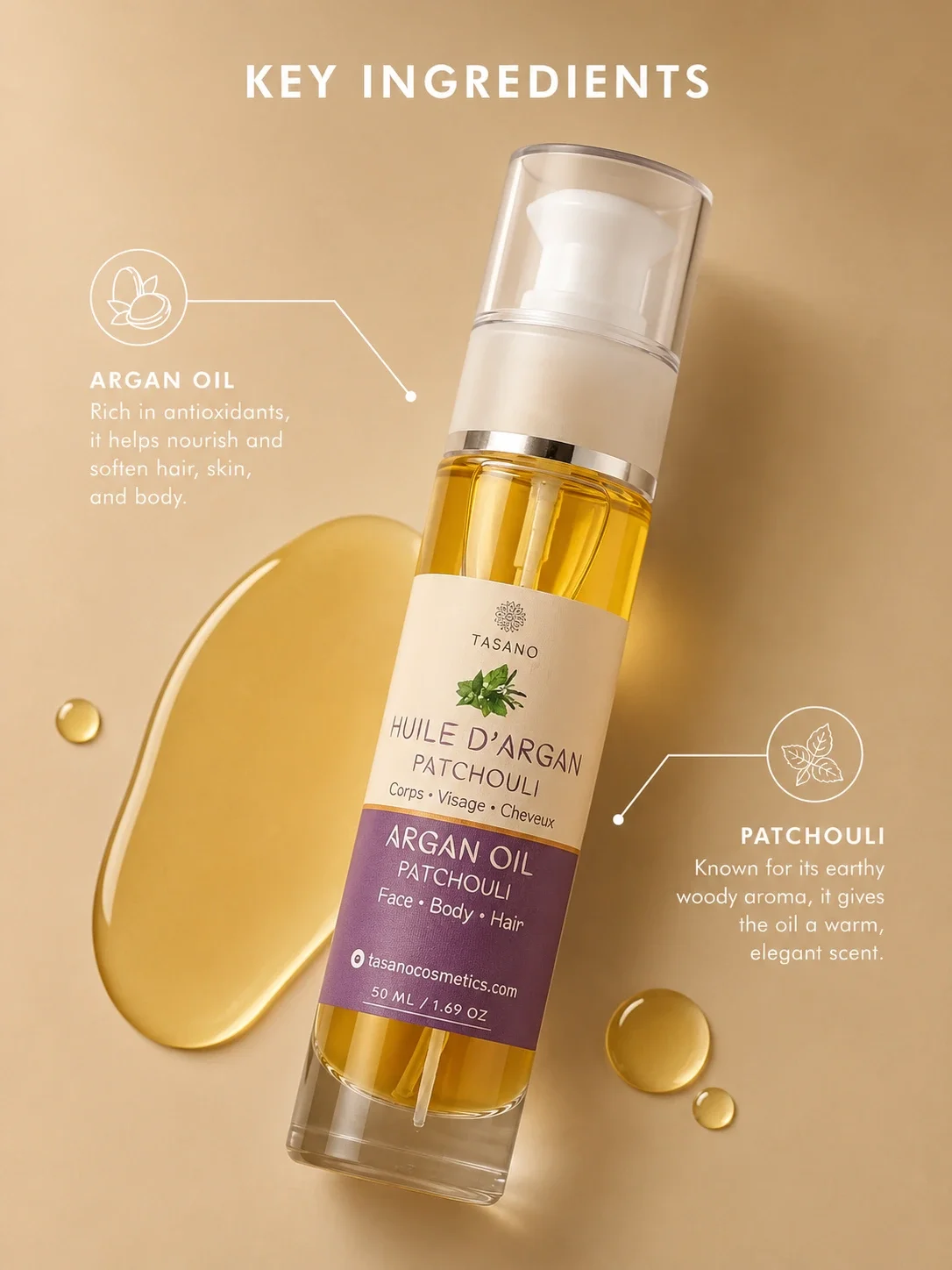 TASANO Oud Argan Oil key ingredients image featuring the original bottle with Moroccan argan oil and patchouli freshness