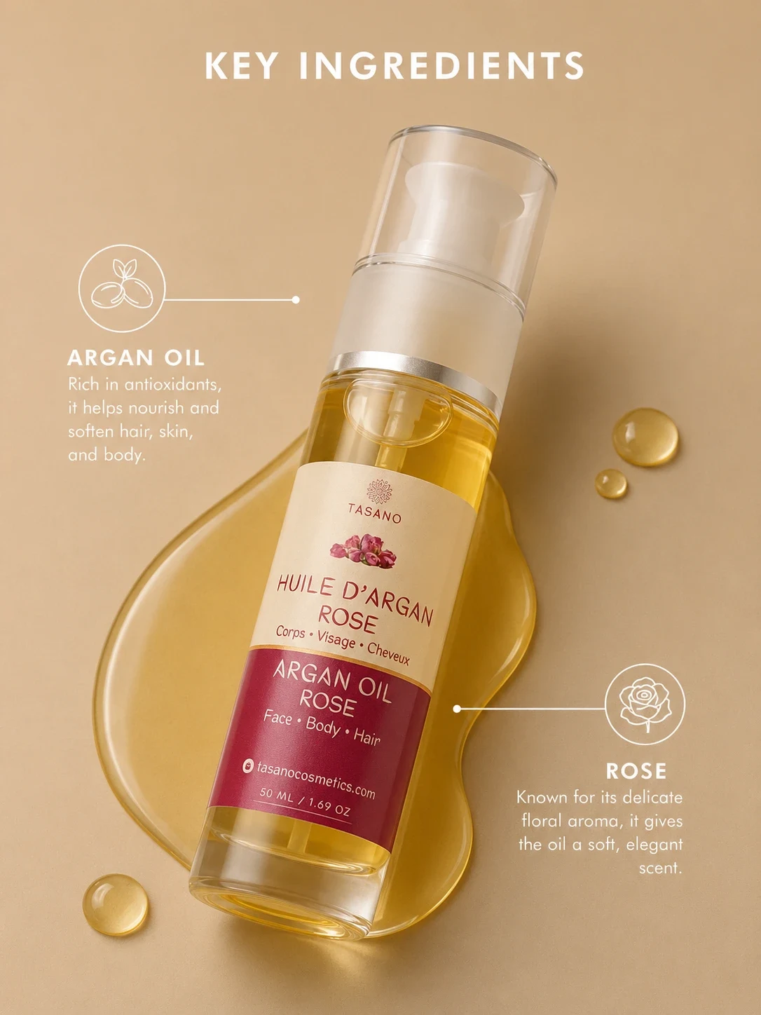 TASANO Rose Argan Oil with Moroccan argan oil and rose scent ingredients