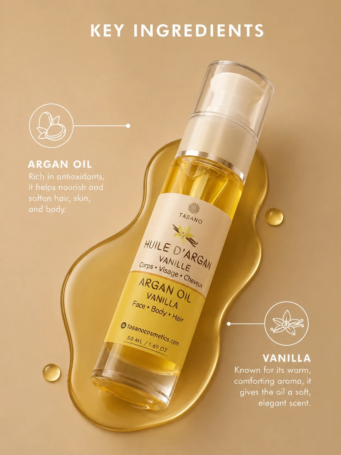 TASANO Vanilla Argan Oil with Moroccan argan oil and vanilla scent ingredients