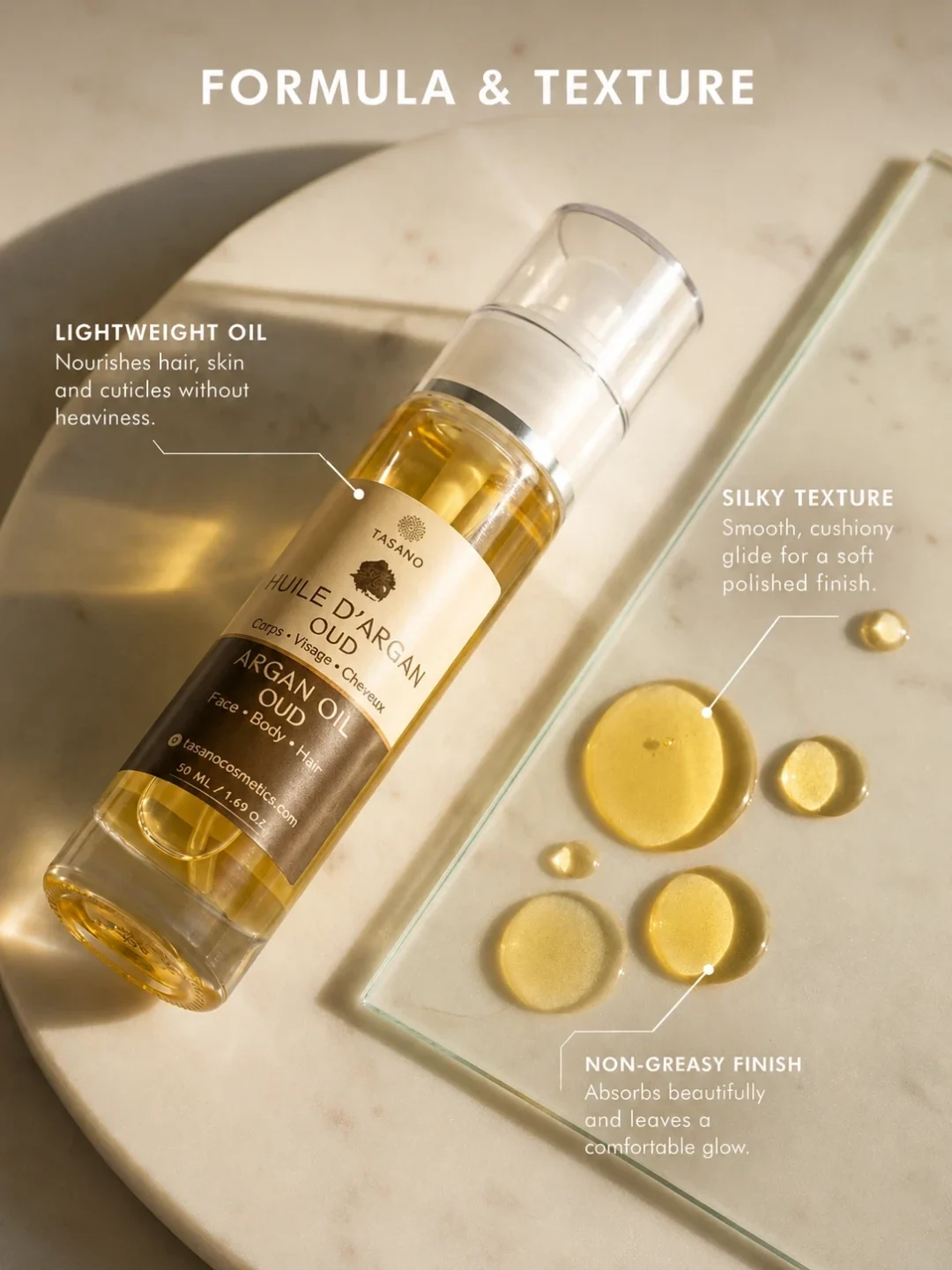 TASANO Oud Argan Oil lightweight non greasy formula and silky texture