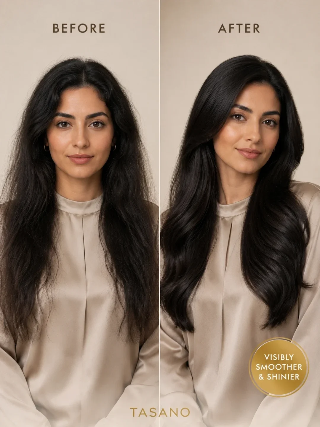 TASANO Patchouli Argan Oil before and after hair results for smoother shinier hair TASANO Patchouli Argan Oil before and after hair results for smoother shinier hair