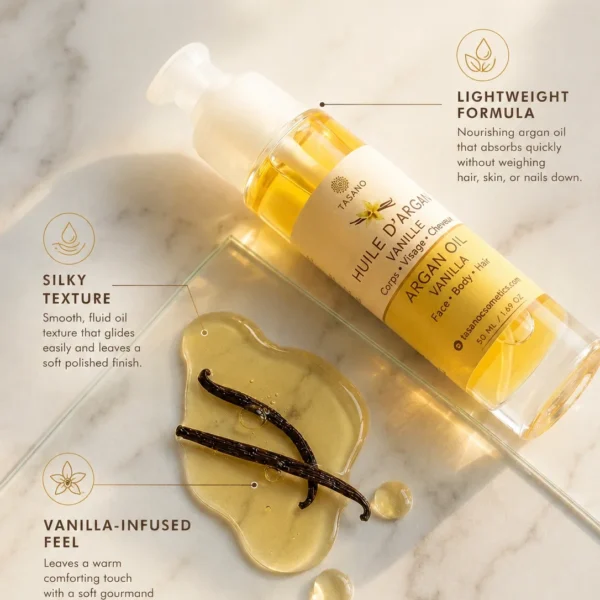 TASANO Vanilla Argan Oil lightweight formula with silky texture and vanilla-infused oil