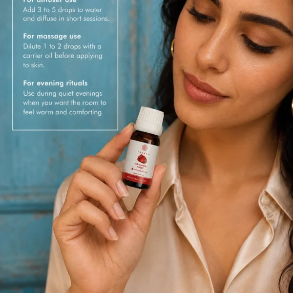 TASANO amber essential oil bottle held by a Moroccan model with clear diffuser use instructions.