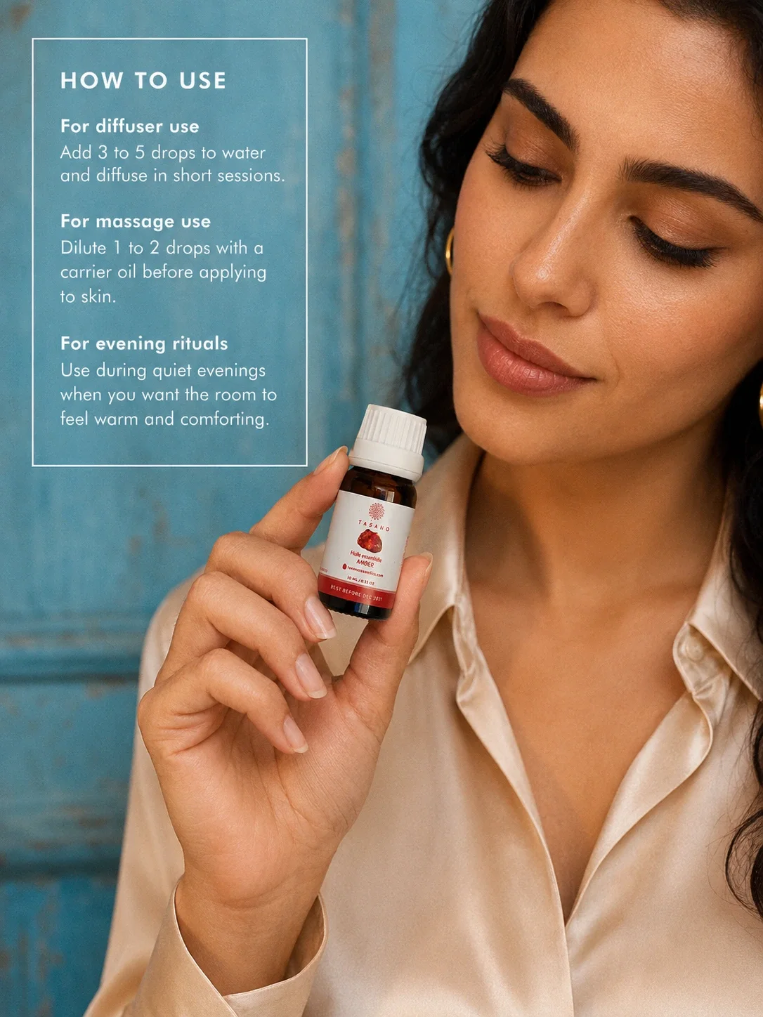TASANO amber essential oil bottle held by a Moroccan model with clear diffuser use instructions.