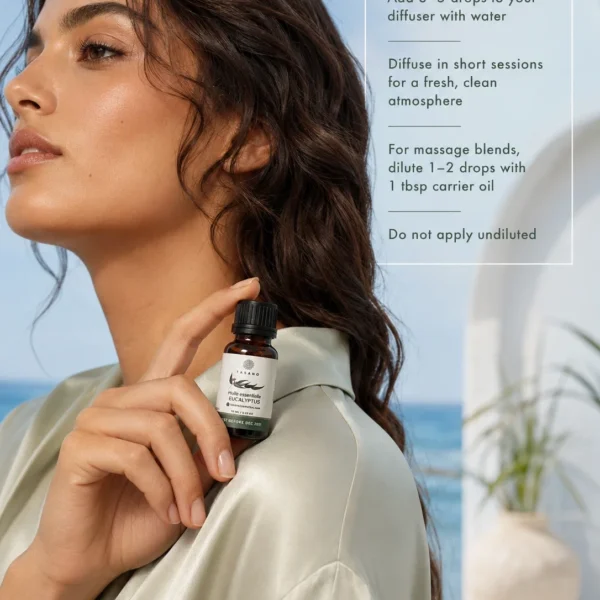 TASANO eucalyptus essential oil bottle held by a Moroccan model with diffuser use instructions for adding drops to water.