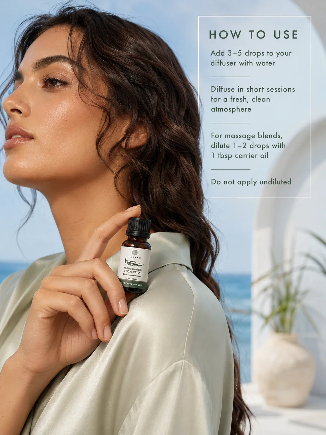 TASANO eucalyptus essential oil bottle held by a Moroccan model with diffuser use instructions for adding drops to water.
