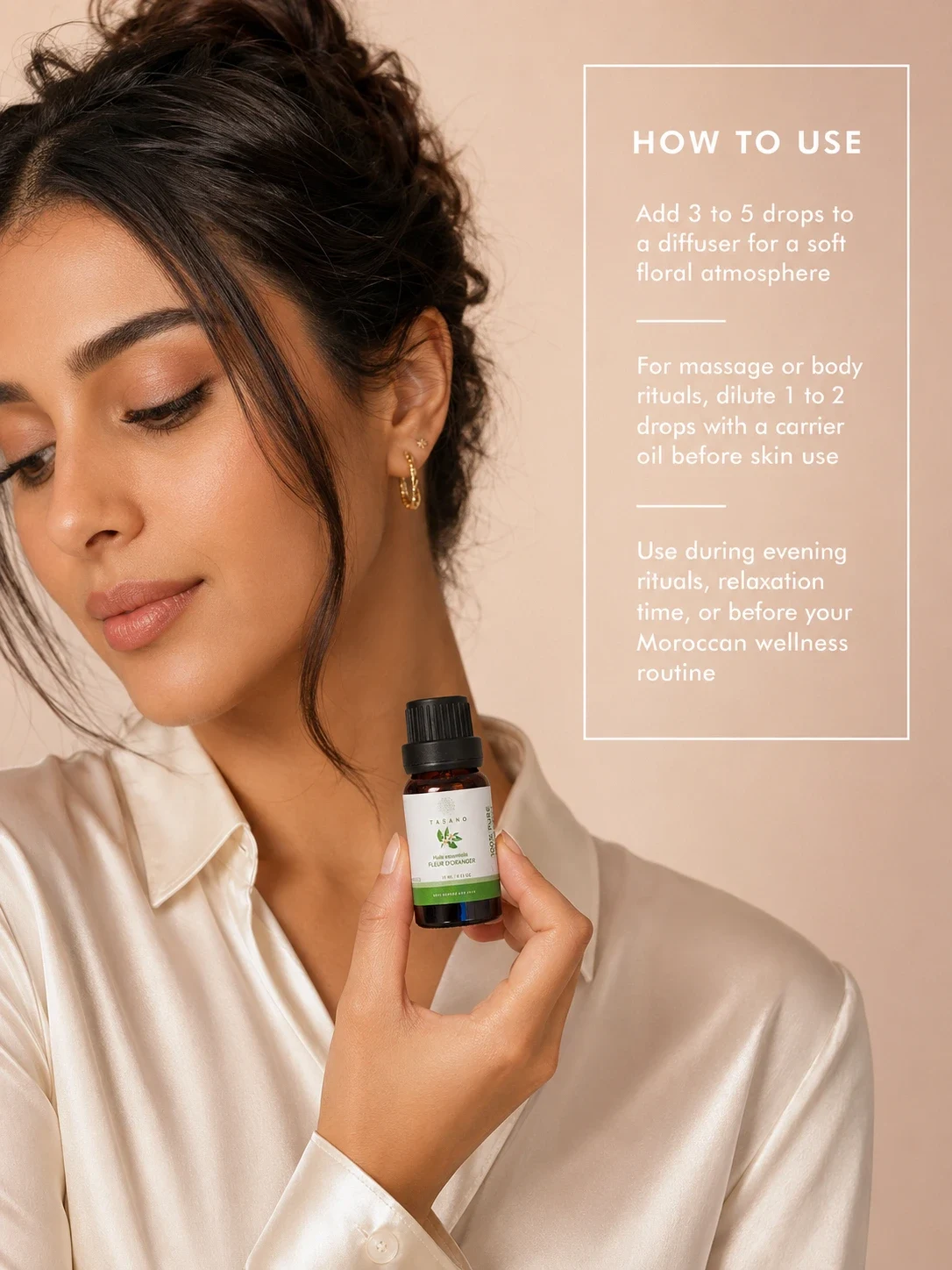 TASANO orange blossom essential oil bottle held by a Moroccan model with clear diffuser use instructions.