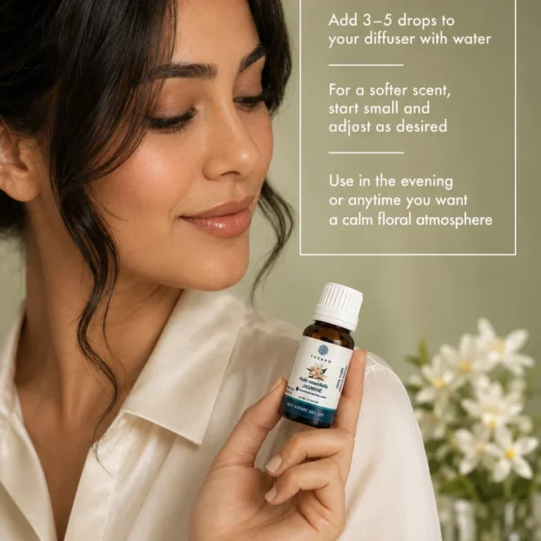 TASANO jasmine essential oil bottle held by a Moroccan model with clear diffuser use instructions. TASANO jasmine essential oil bottle held by a Moroccan model with clear diffuser use instructions.