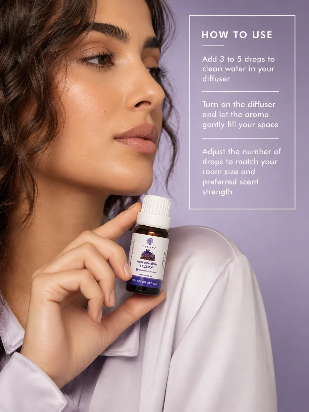 TASANO lavender essential oil bottle held by a Moroccan model with simple diffuser use instructions.