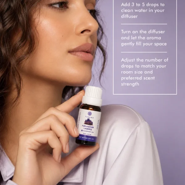 TASANO lavender essential oil bottle held by a Moroccan model with simple diffuser use instructions.