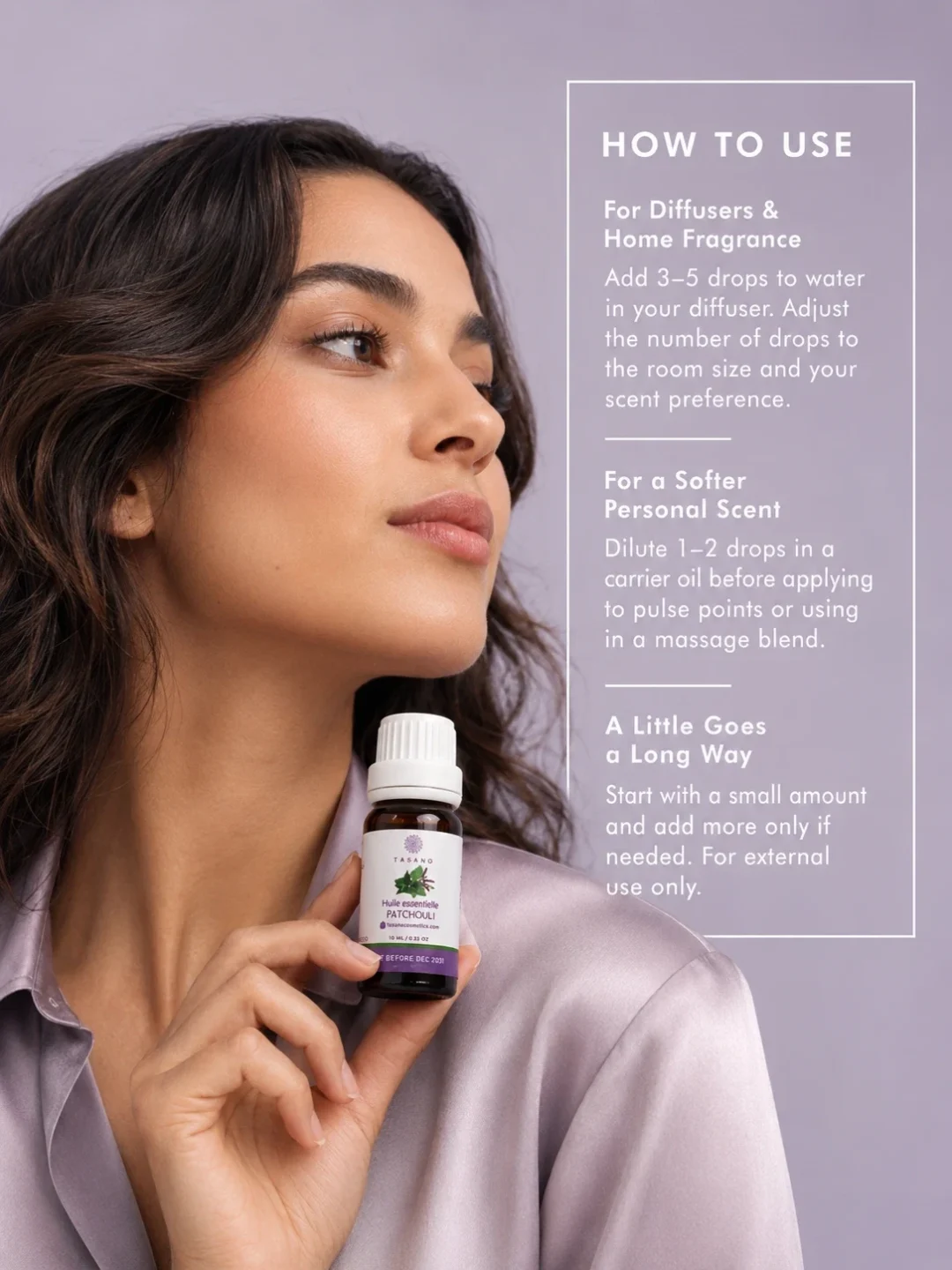 Moroccan model holding TASANO Patchouli essential oil with clear diffuser instructions showing how to use a few drops for a warm earthy atmosphere.