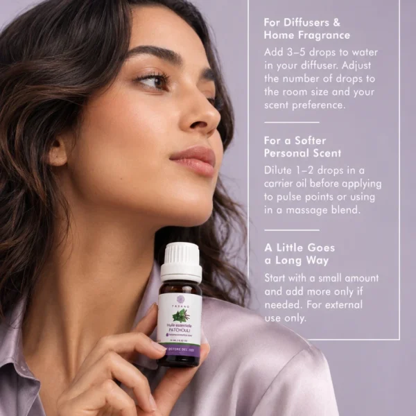 Moroccan model holding TASANO Patchouli essential oil with clear diffuser instructions showing how to use a few drops for a warm earthy atmosphere.