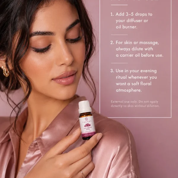 Moroccan model holding TASANO Rose essential oil with clear diffuser instructions showing how to add a few drops for a soft floral atmosphere.