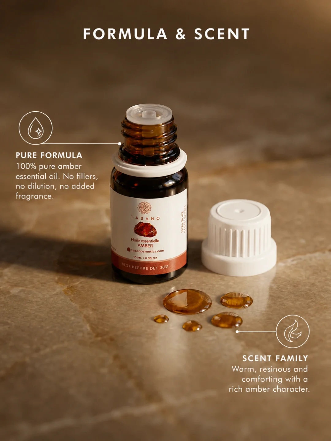 TASANO Amber Essential Oil with golden oil drops, 100% pure formula callout, and warm resinous scent profile.