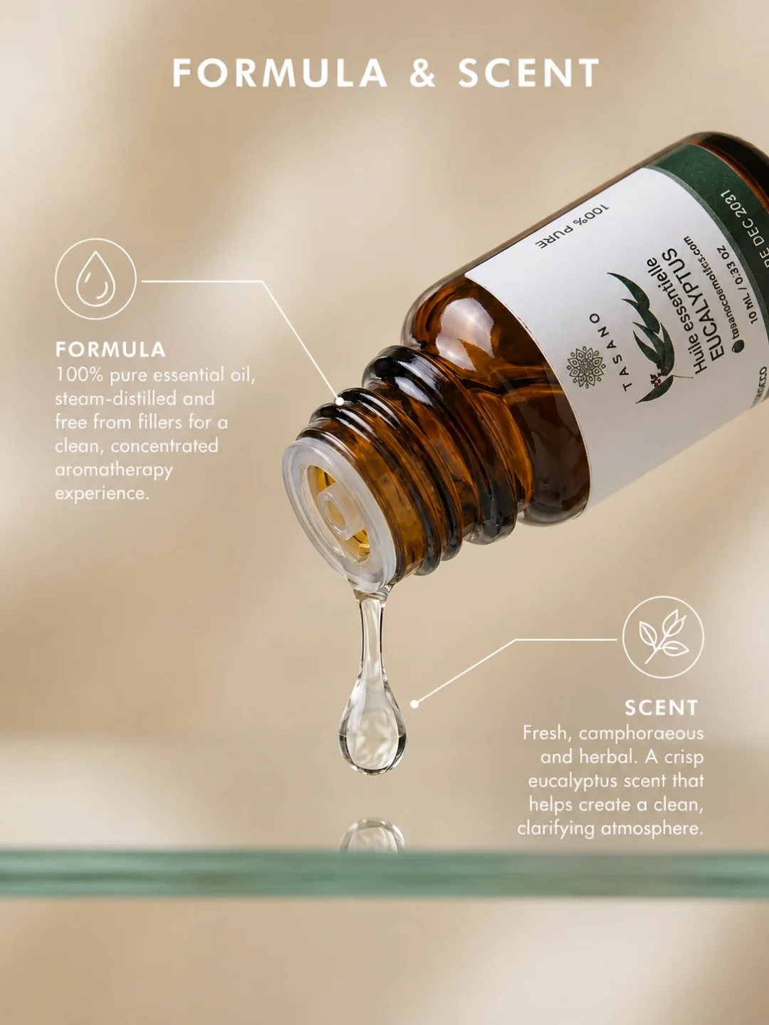 TASANO Eucalyptus Essential Oil pouring from amber glass with 100% pure formula and fresh herbal scent callouts.
