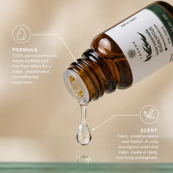 TASANO Eucalyptus Essential Oil pouring from amber glass with 100% pure formula and fresh herbal scent callouts.