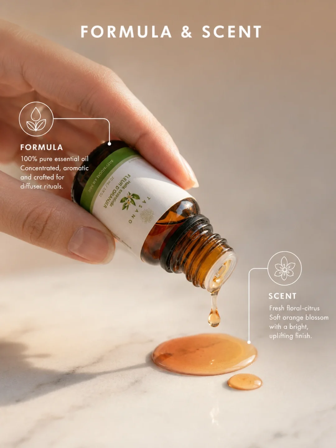 TASANO Orange Blossom Essential Oil with golden texture, 100% pure formula, and soft floral citrus scent profile. TASANO Orange Blossom Essential Oil with golden texture, 100% pure formula, and soft floral citrus scent profile.