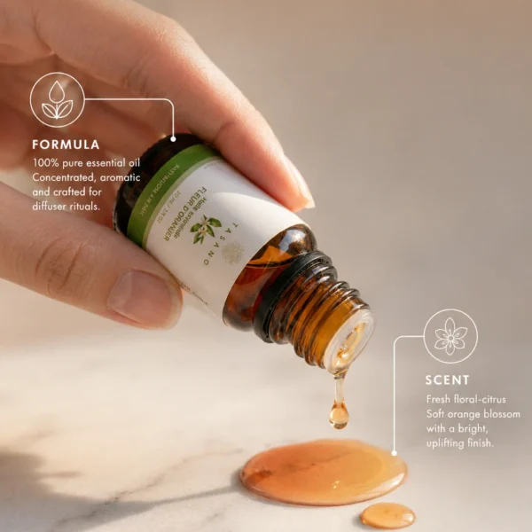 TASANO Orange Blossom Essential Oil with golden texture, 100% pure formula, and soft floral citrus scent profile. TASANO Orange Blossom Essential Oil with golden texture, 100% pure formula, and soft floral citrus scent profile.