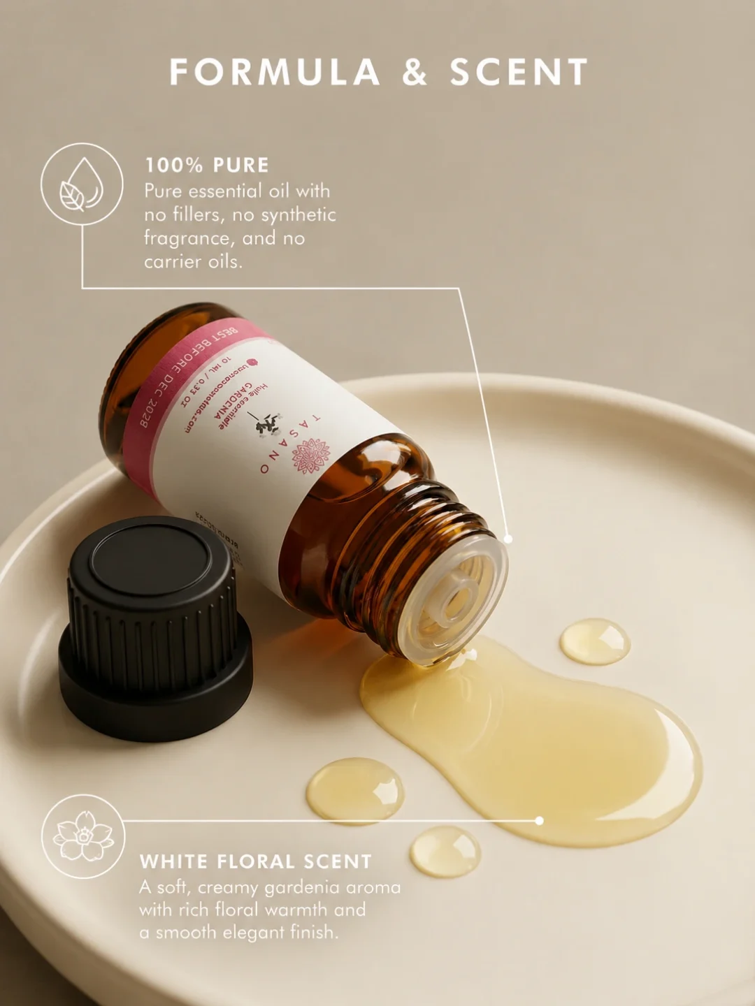 TASANO Gardenia Essential Oil with pale oil texture, 100% pure formula, and creamy white floral scent callouts.