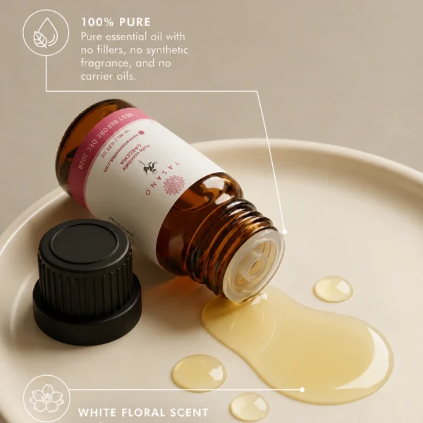 TASANO Gardenia Essential Oil with pale oil texture, 100% pure formula, and creamy white floral scent callouts.