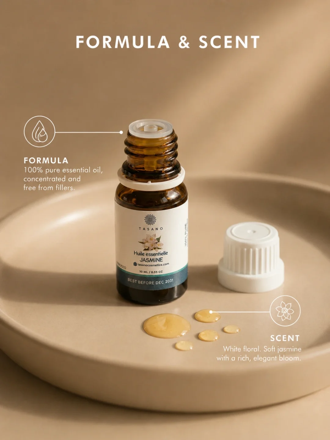 TASANO Jasmine Essential Oil with golden oil drops, 100% pure formula, and rich white floral scent profile. TASANO Jasmine Essential Oil with golden oil drops, 100% pure formula, and rich white floral scent profile.