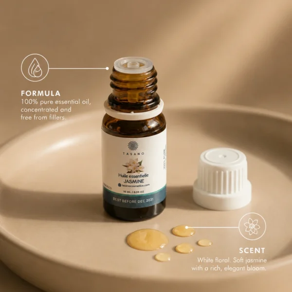 TASANO Jasmine Essential Oil with golden oil drops, 100% pure formula, and rich white floral scent profile. TASANO Jasmine Essential Oil with golden oil drops, 100% pure formula, and rich white floral scent profile.