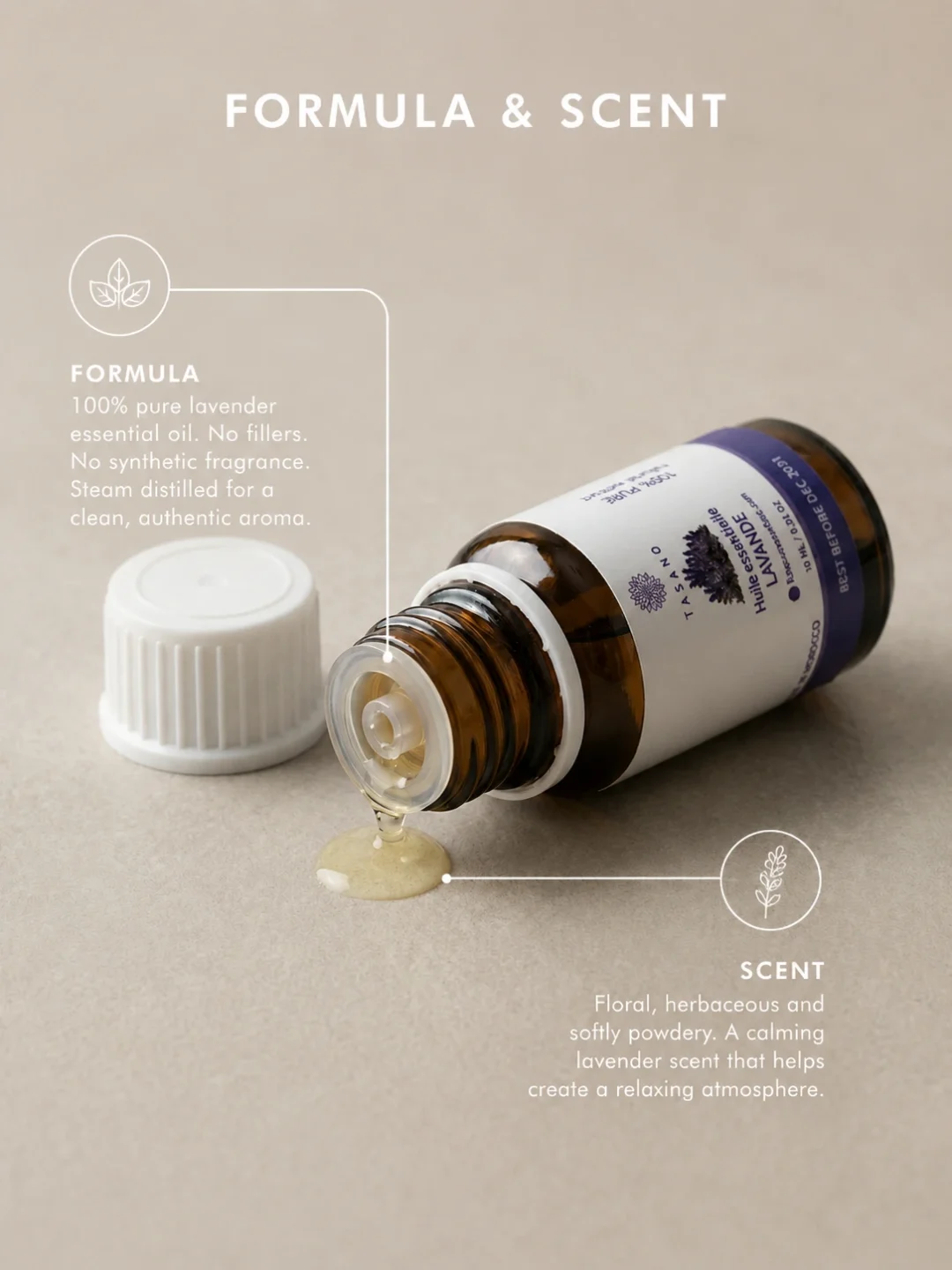 TASANO Lavender Essential Oil with soft oil texture, 100% pure formula, and calming floral herbal scent profile.