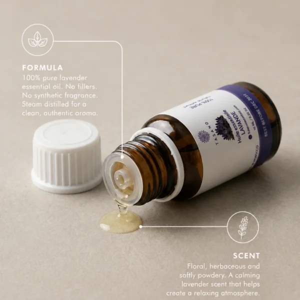TASANO Lavender Essential Oil with soft oil texture, 100% pure formula, and calming floral herbal scent profile.