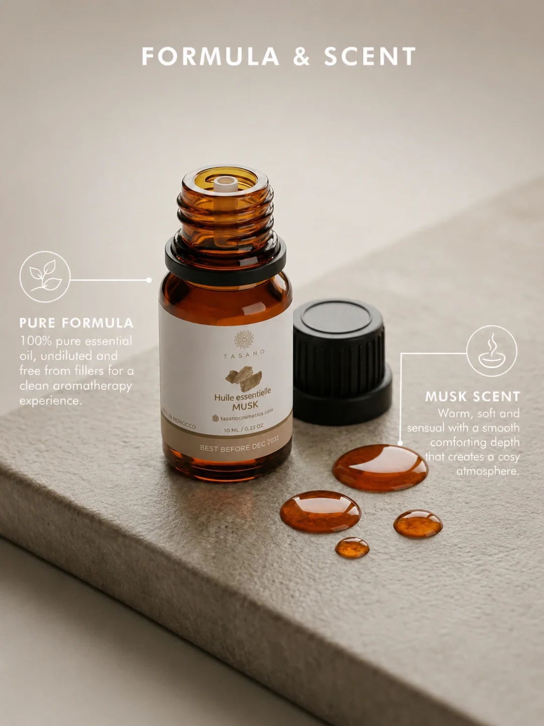 TASANO Musk Essential Oil with amber oil drops, 100% pure formula, and soft warm musky scent profile.