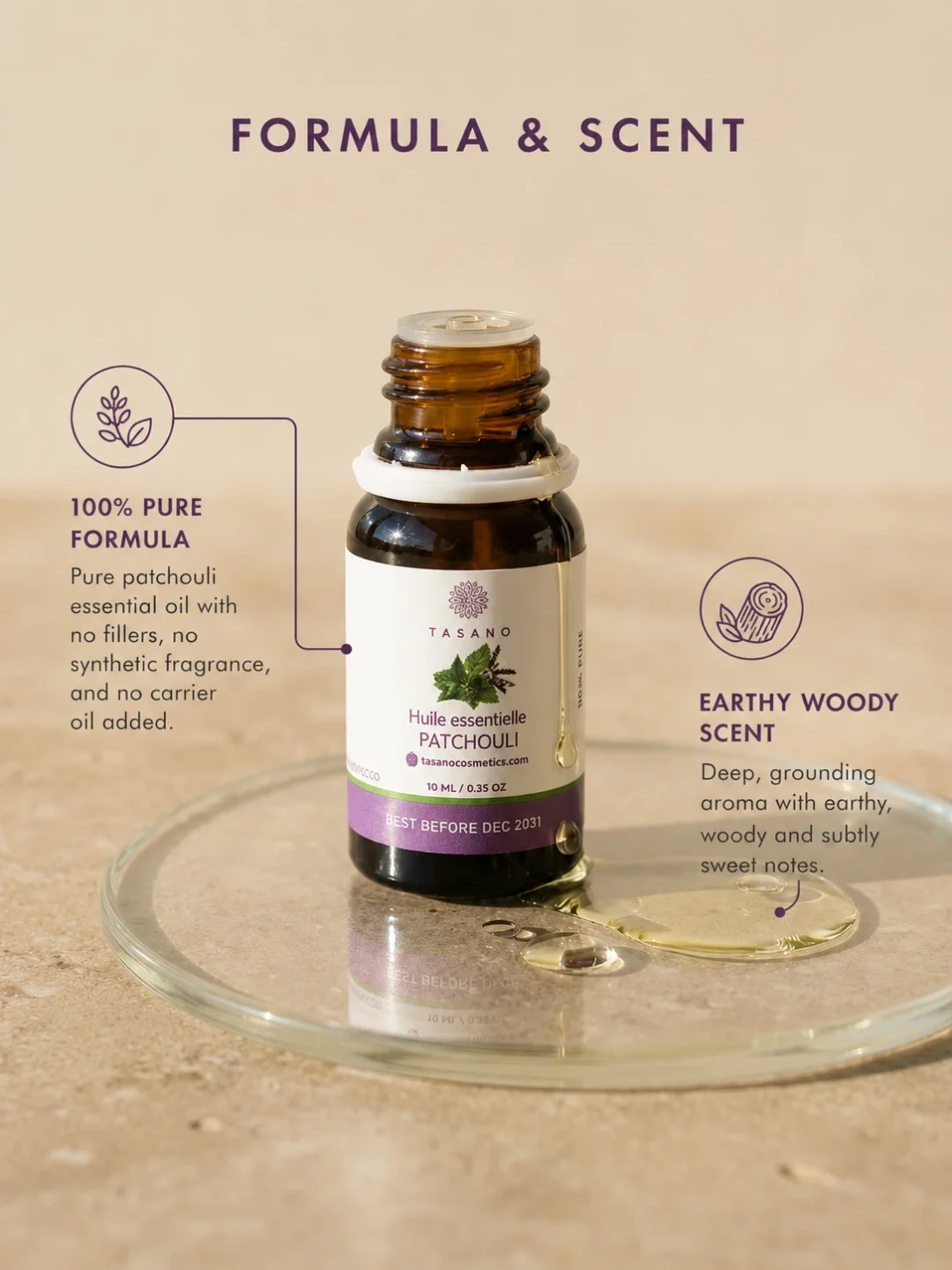 TASANO Patchouli Essential Oil with golden oil texture, 100% pure formula, and earthy woody scent callouts.