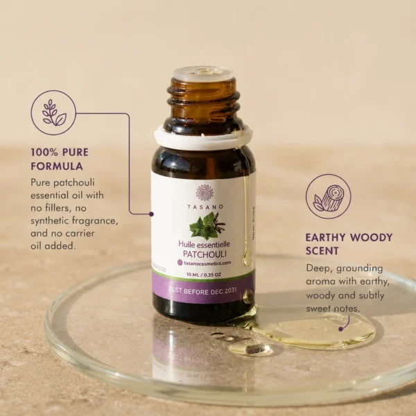 TASANO Patchouli Essential Oil with golden oil texture, 100% pure formula, and earthy woody scent callouts.
