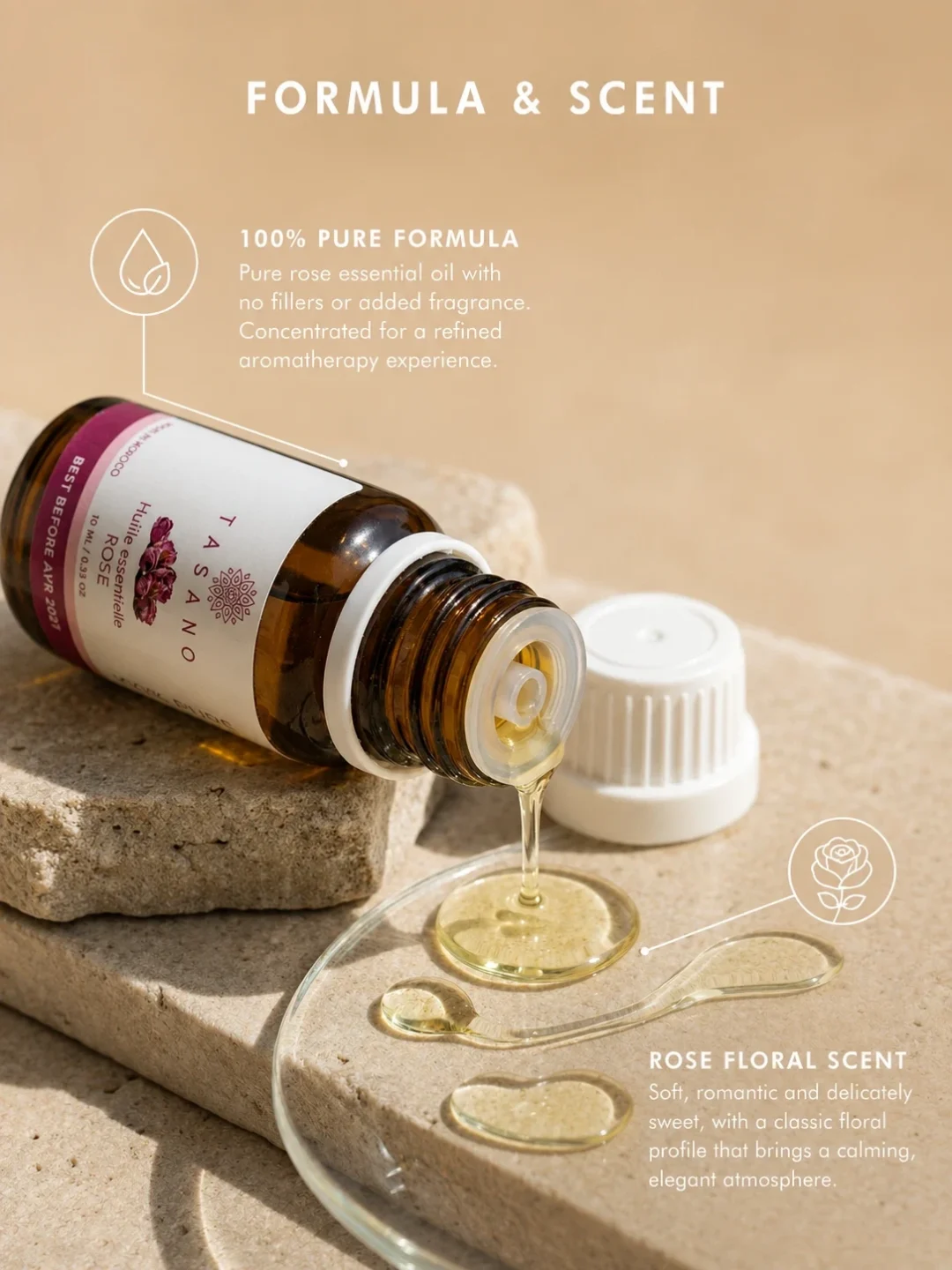 TASANO Rose Essential Oil with pale golden oil texture, 100% pure formula, and elegant floral scent profile.