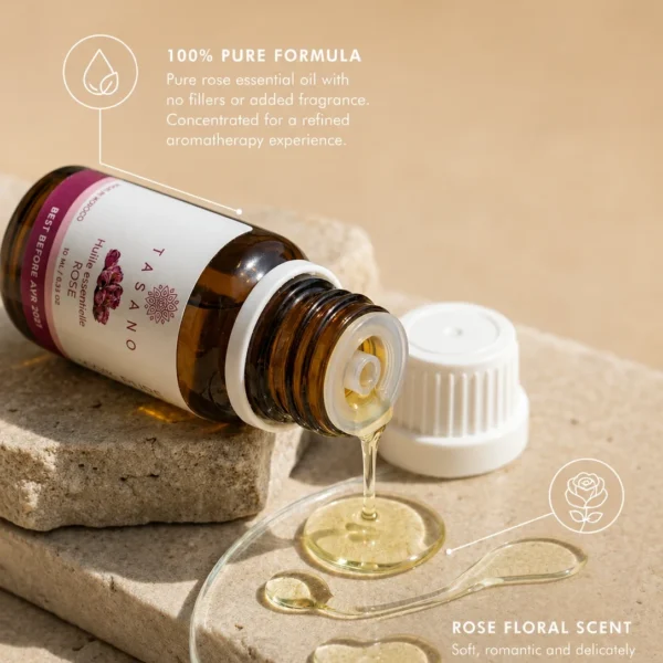 TASANO Rose Essential Oil with pale golden oil texture, 100% pure formula, and elegant floral scent profile.