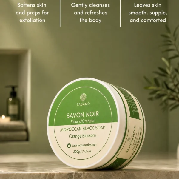 Orange Blossom Moroccan Black Soap benefits – cleanses softens and refreshes skin before exfoliation Orange Blossom Moroccan Black Soap benefits – cleanses softens and refreshes skin before exfoliation