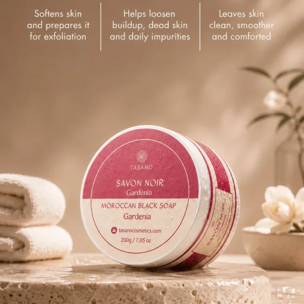 Gardenia Moroccan Soap benefits – cleanses softens and prepares skin for effective body exfoliation Gardenia Moroccan Soap benefits – cleanses softens and prepares skin for effective body exfoliation