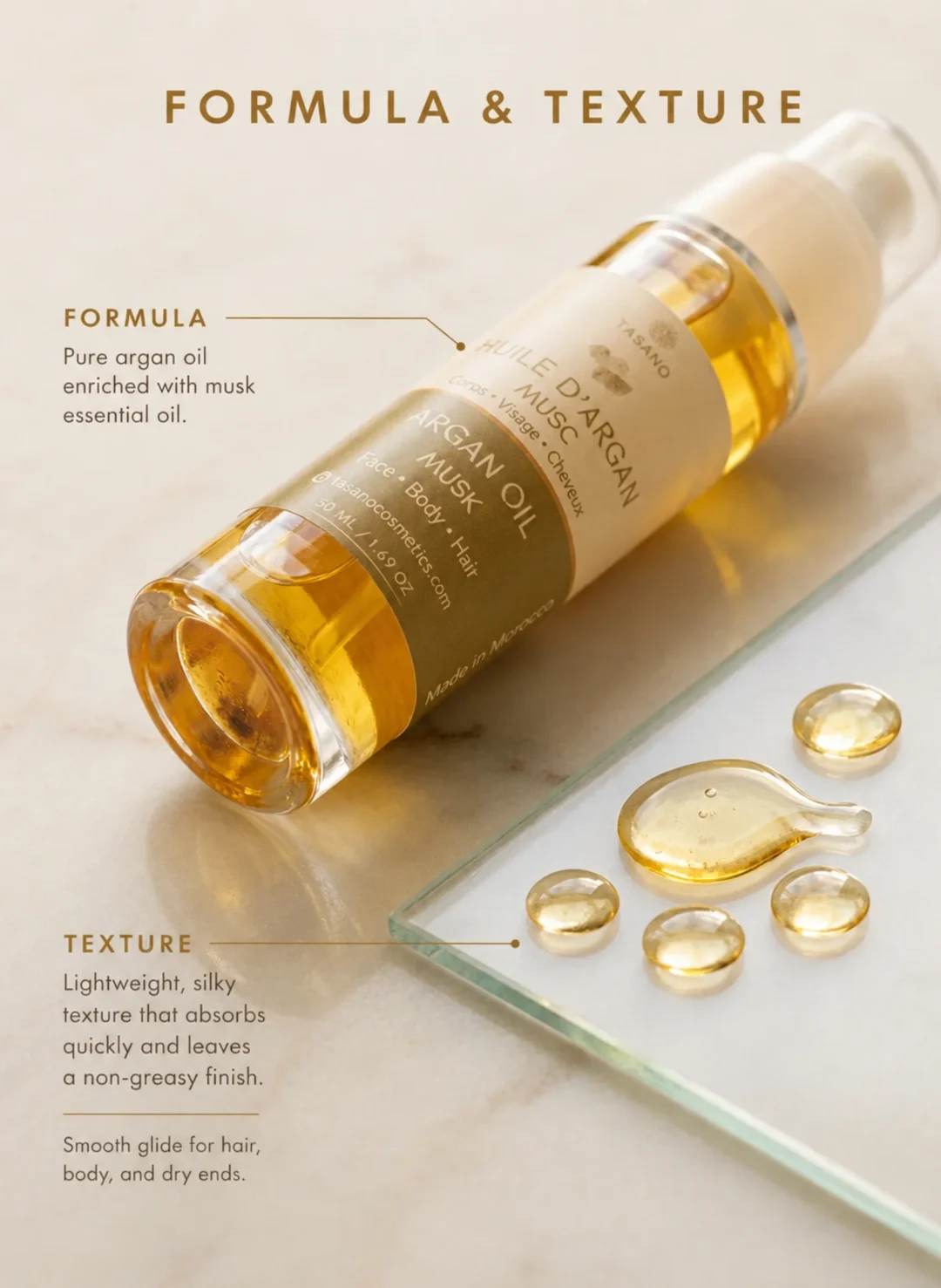 TASANO Musk Argan Oil formula with pure Moroccan argan oil and musk