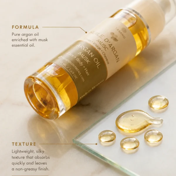 TASANO Musk Argan Oil formula with pure Moroccan argan oil and musk