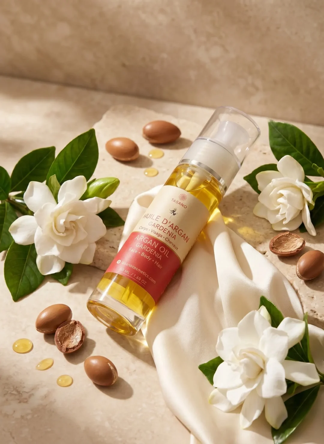 TASANO Gardenia Argan Oil with gardenia flowers and Moroccan argan kernels