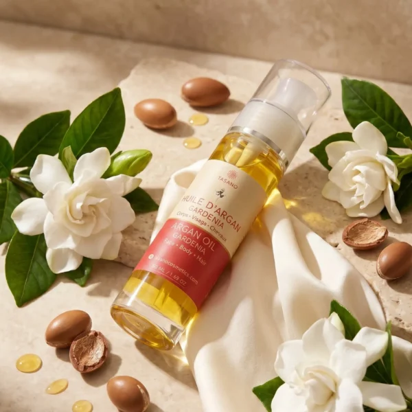 TASANO Gardenia Argan Oil with gardenia flowers and Moroccan argan kernels
