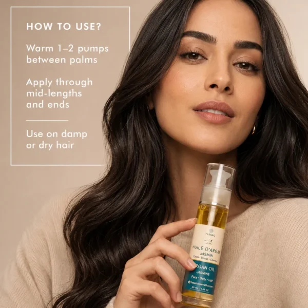 How to use TASANO Jasmine Argan Oil image featuring a Moroccan woman holding the bottle with simple application steps for smooth, nourished hair. How to use TASANO Jasmine Argan Oil image featuring a Moroccan woman holding the bottle with simple application steps for smooth, nourished hair.