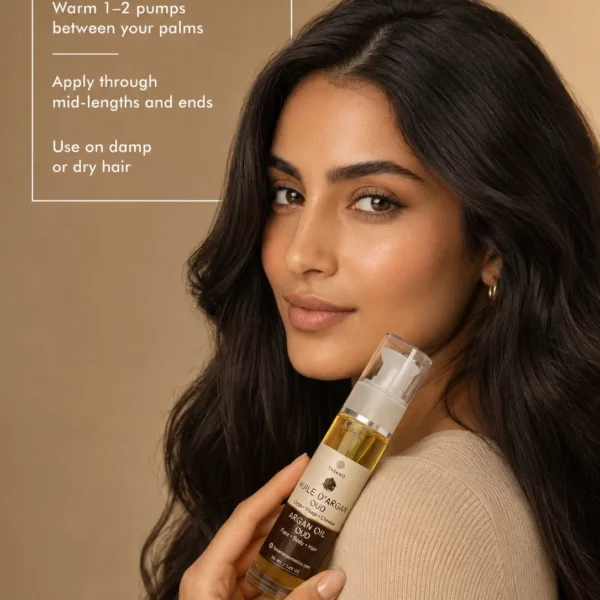 TASANO Oud Argan Oil how to use image featuring a Moroccan woman holding the bottle with simple application steps for hair, face and body.