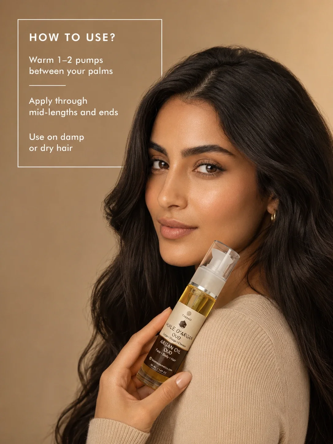 TASANO Oud Argan Oil how to use image featuring a Moroccan woman holding the bottle with simple application steps for hair, face and body.
