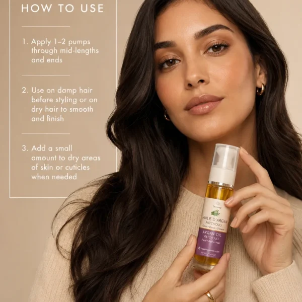 TASANO Patchouli Argan Oil how to use image featuring a Moroccan woman holding the bottle with simple application steps for hair, face and body. TASANO Patchouli Argan Oil how to use image featuring a Moroccan woman holding the bottle with simple application steps for hair, face and body.
