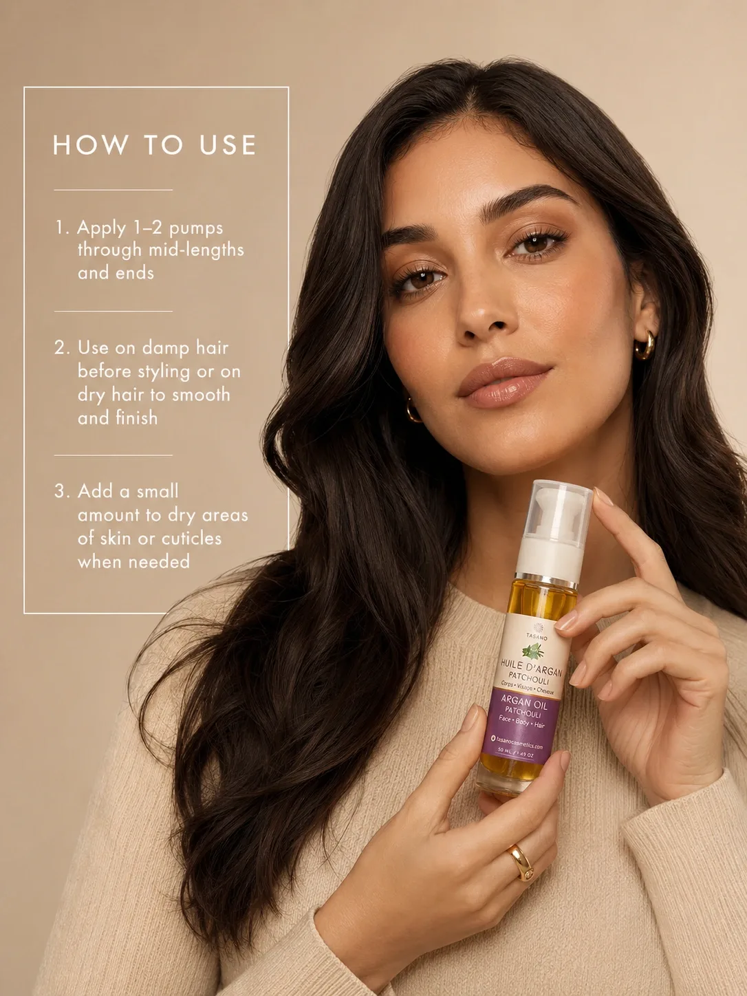 TASANO Patchouli Argan Oil how to use image featuring a Moroccan woman holding the bottle with simple application steps for hair, face and body.