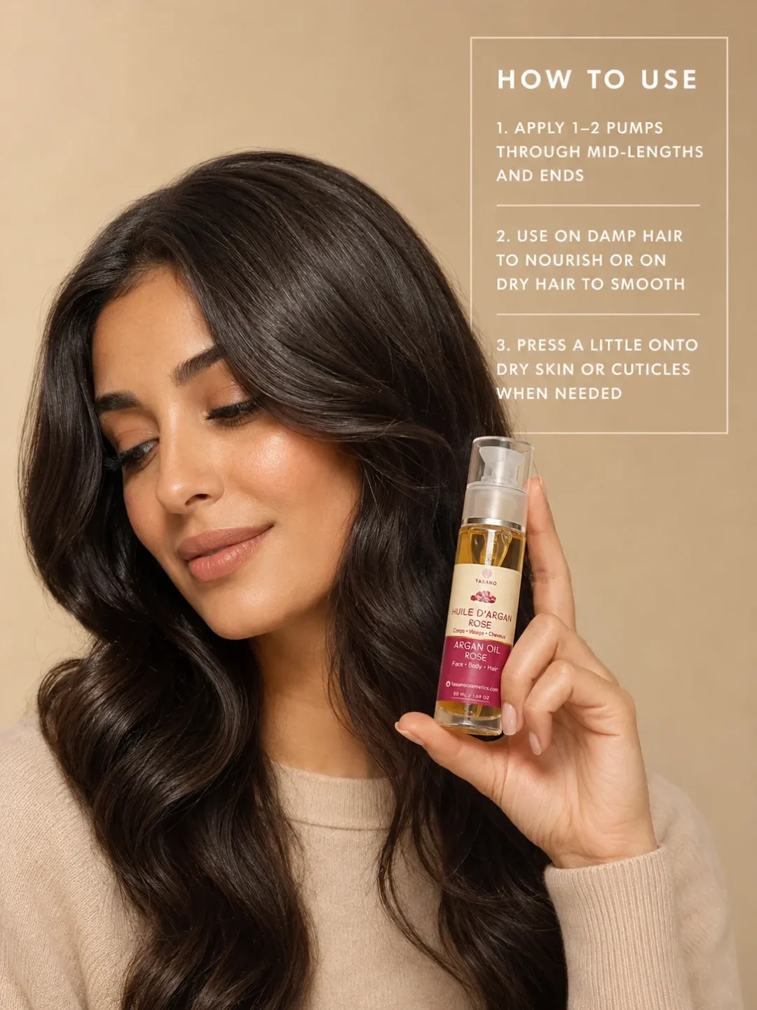 How to use TASANO Rose Argan Oil on damp or dry hair skin and cuticles