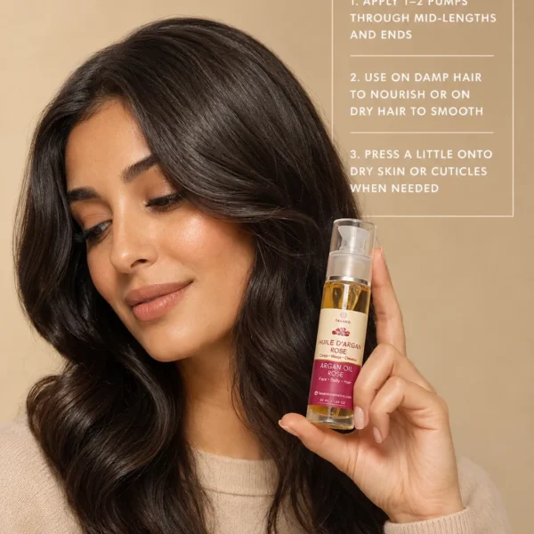 How to use TASANO Rose Argan Oil on damp or dry hair skin and cuticles