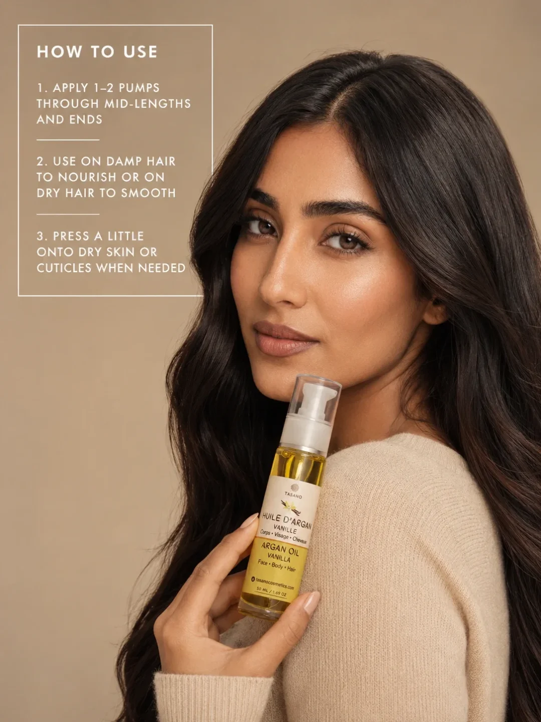 How to use TASANO Vanilla Argan Oil on damp or dry hair skin and cuticles