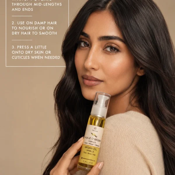 How to use TASANO Vanilla Argan Oil on damp or dry hair skin and cuticles